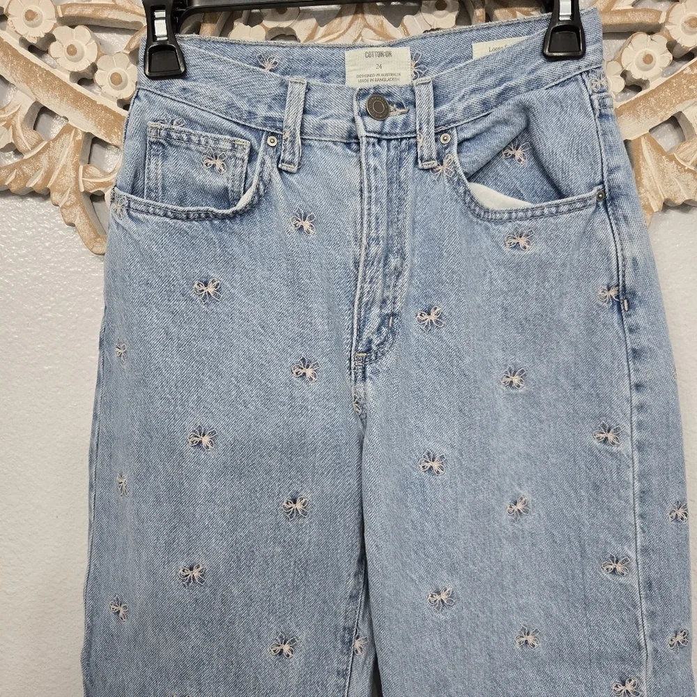 Cotton On Pink Bow Embroidered Loose Straight Jeans